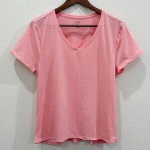 Pink V-Neck Short Sleeve T-Shirt Cotton Blend Women's